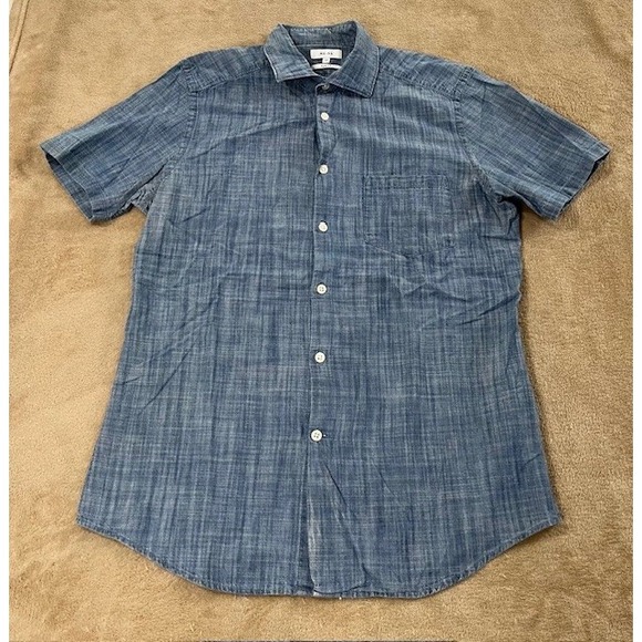 REISS Shirt men Medium Blue Denim Light Wash Short Sleeve Slim Fit  EUC - Picture 1 of 7